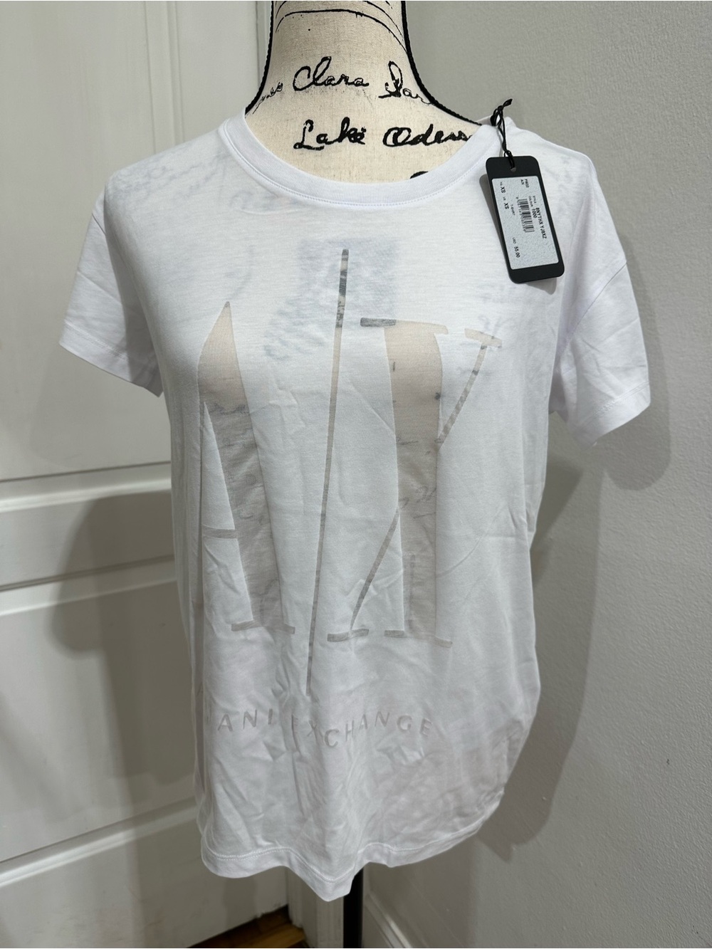 Armani Exchange White Short-Sleeve Logo Tee with Subtle Metallic Print